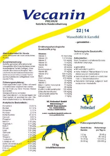 Vecanin Premium Hypoallergen Wasserbffel & Kartoffel 22/12 - 14 kg