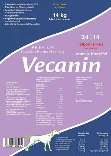 Vecanin Premium Hypoallergen Lamm & Kartoffel 24/14 - 14 kg